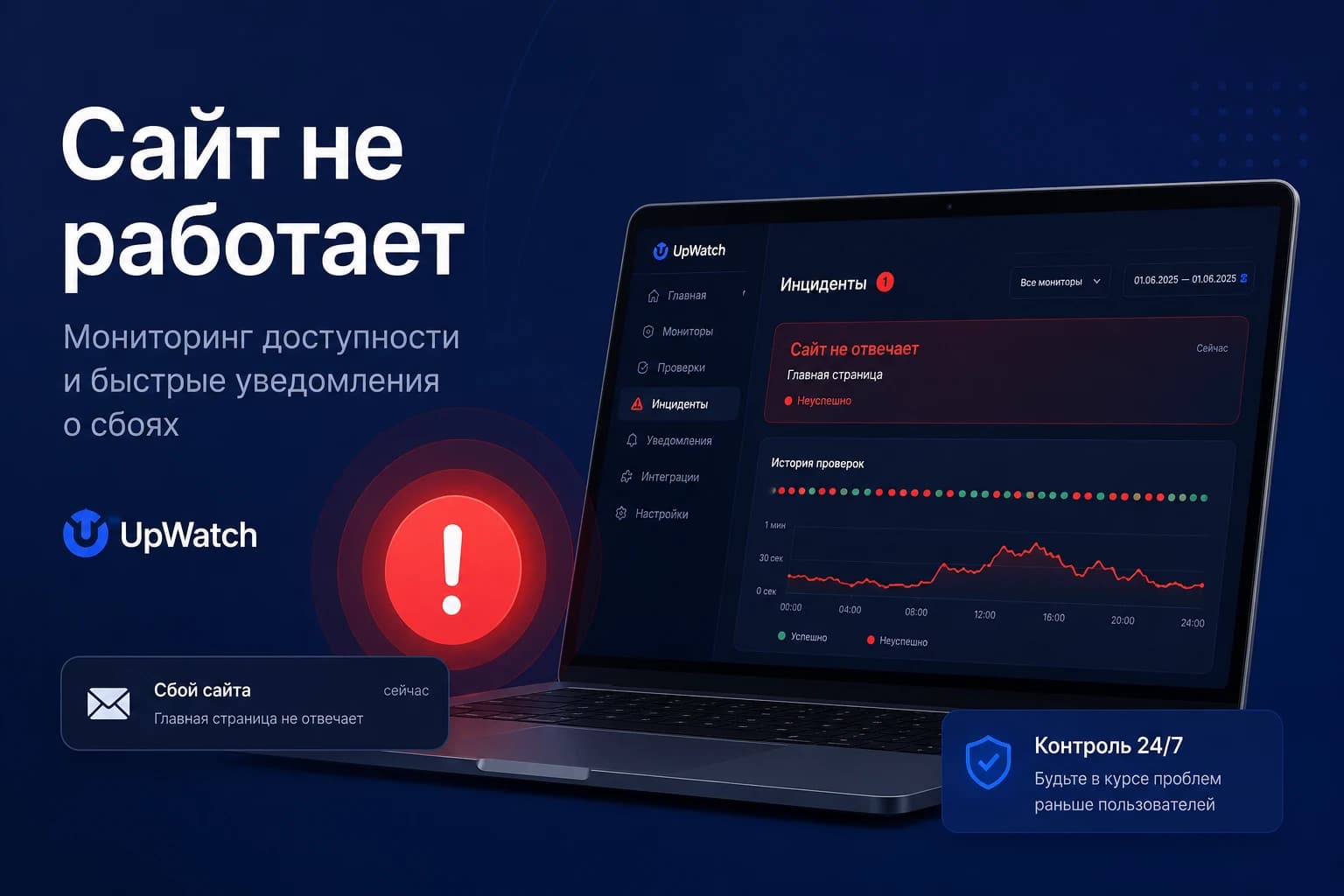 Сайт не работает: мониторинг ошибок и восстановления в UpWatch