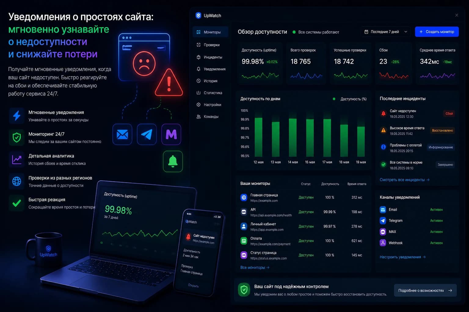 Уведомления о падении сайта в UpWatch