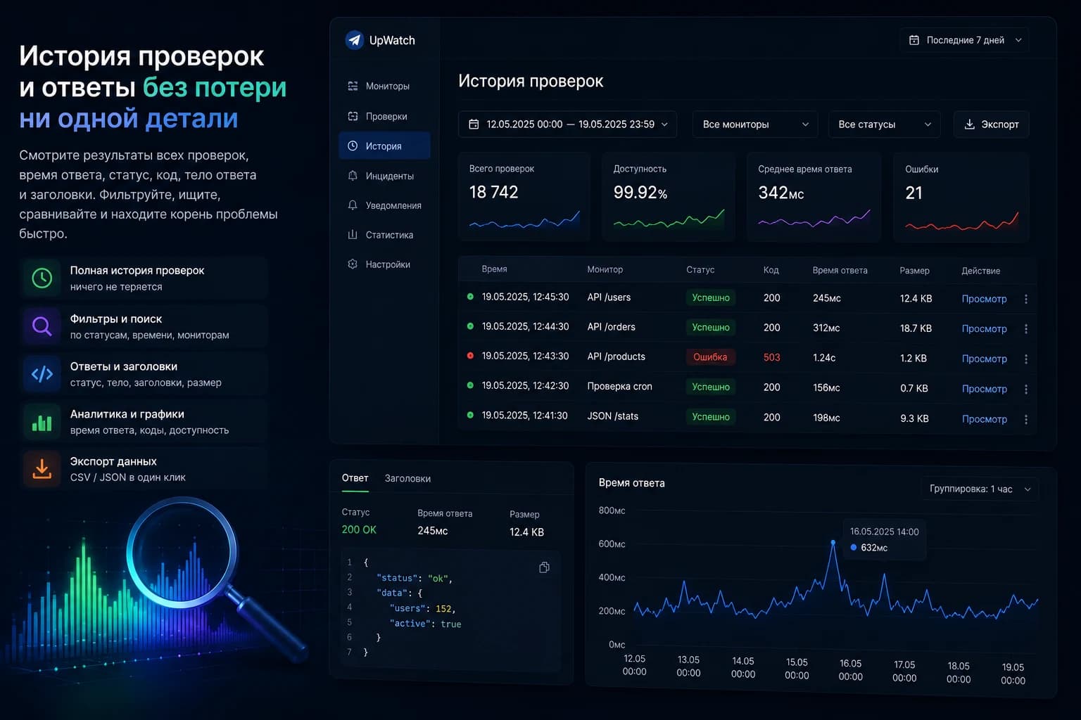 История проверок и запусков в UpWatch