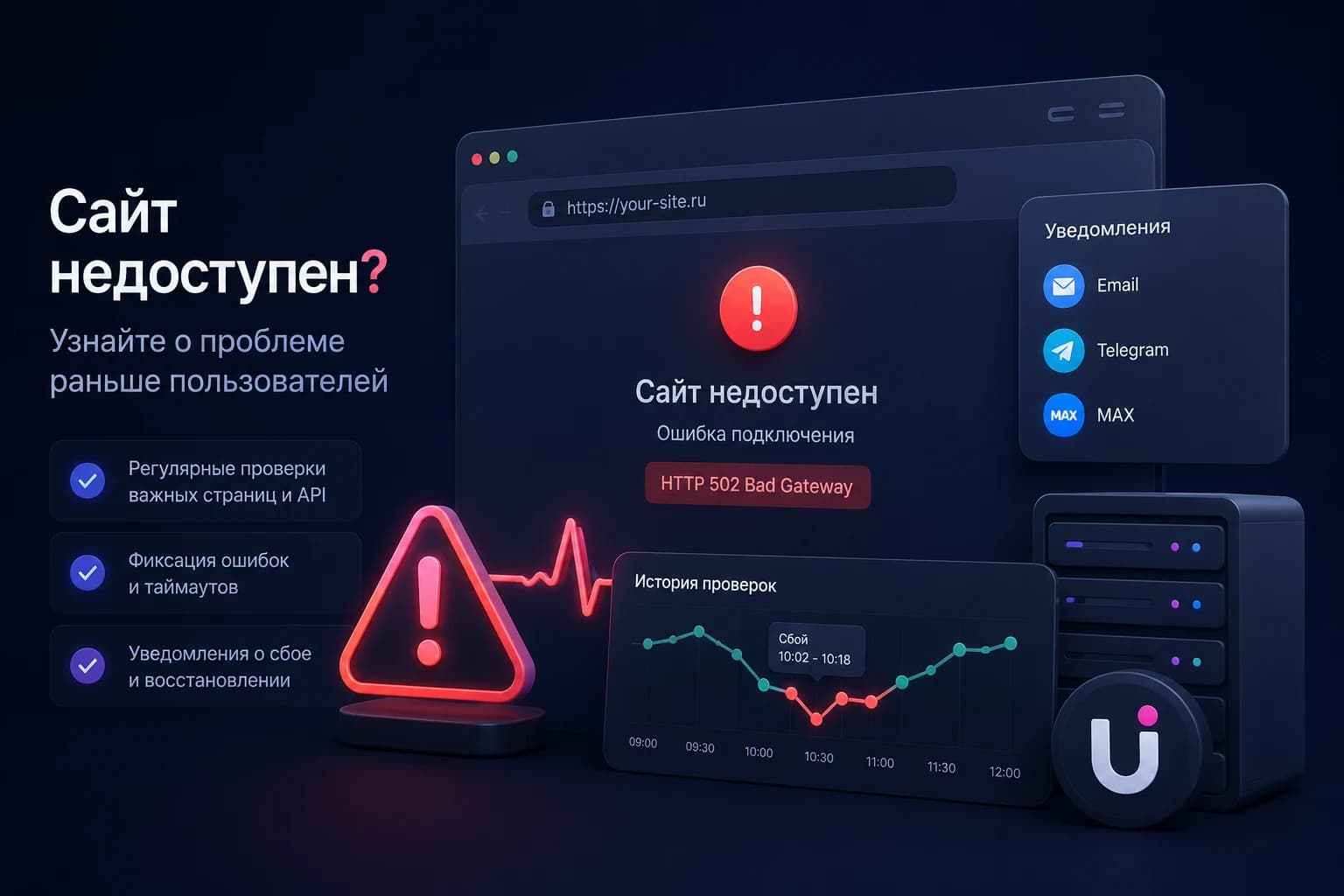 Сайт недоступен: контроль ошибок и восстановления в UpWatch