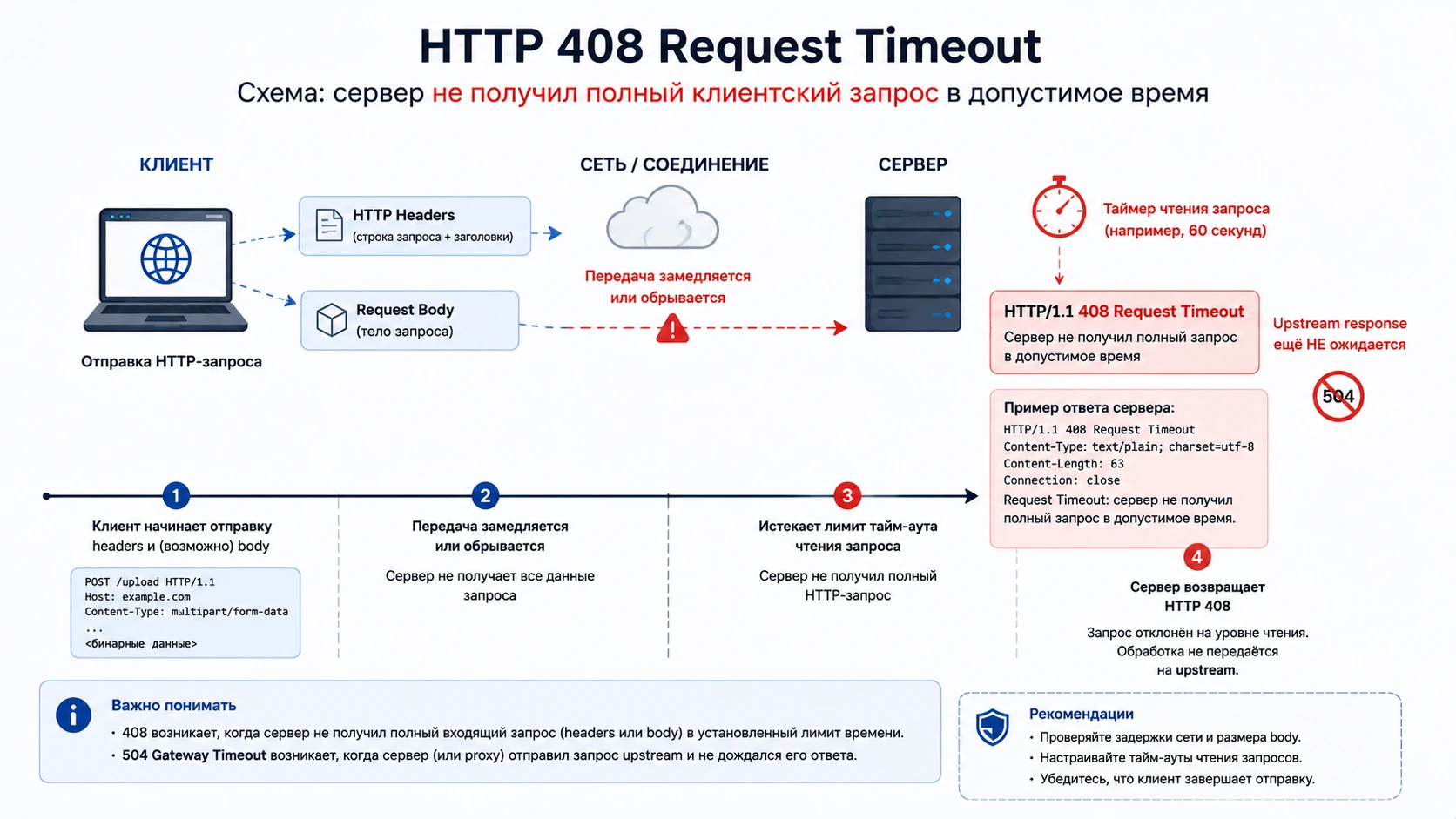 Схема HTTP 408 Request Timeout: сервер не получил полный клиентский запрос в допустимое время