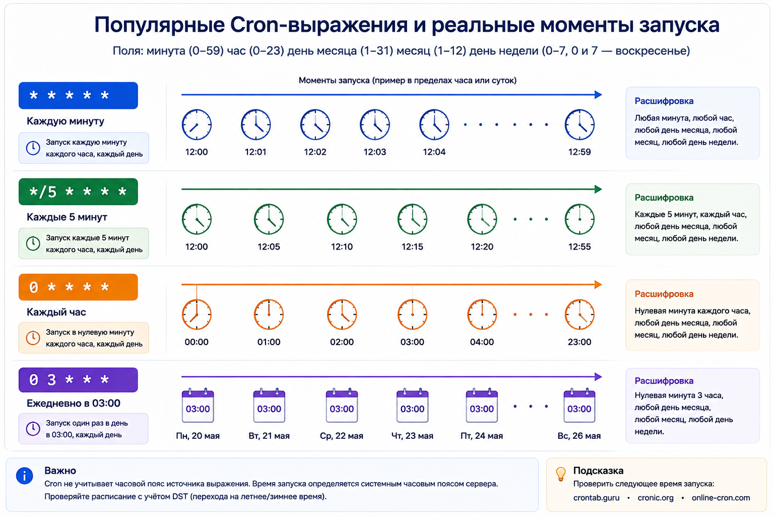 Схема популярных Cron-выражений: каждую минуту, каждые 5 минут, каждый час и ежедневно