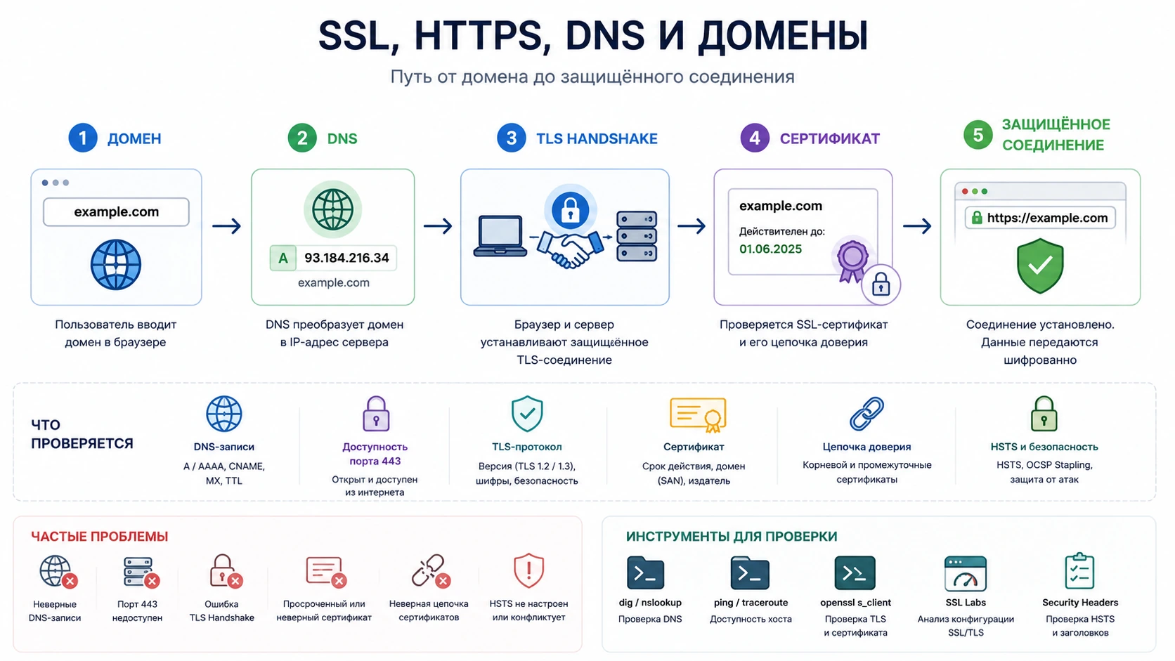 Схема проверки DNS, TLS и SSL-сертификата сайта