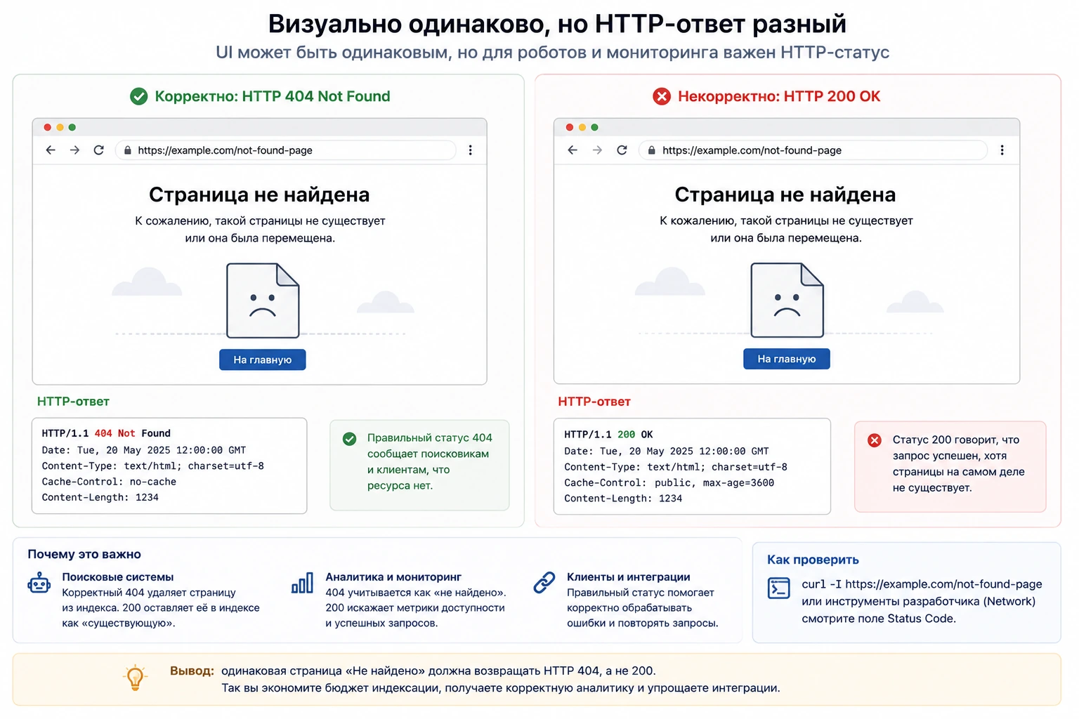 Сравнение корректного HTTP 404 и страницы «не найдено», которая ошибочно возвращает HTTP 200
