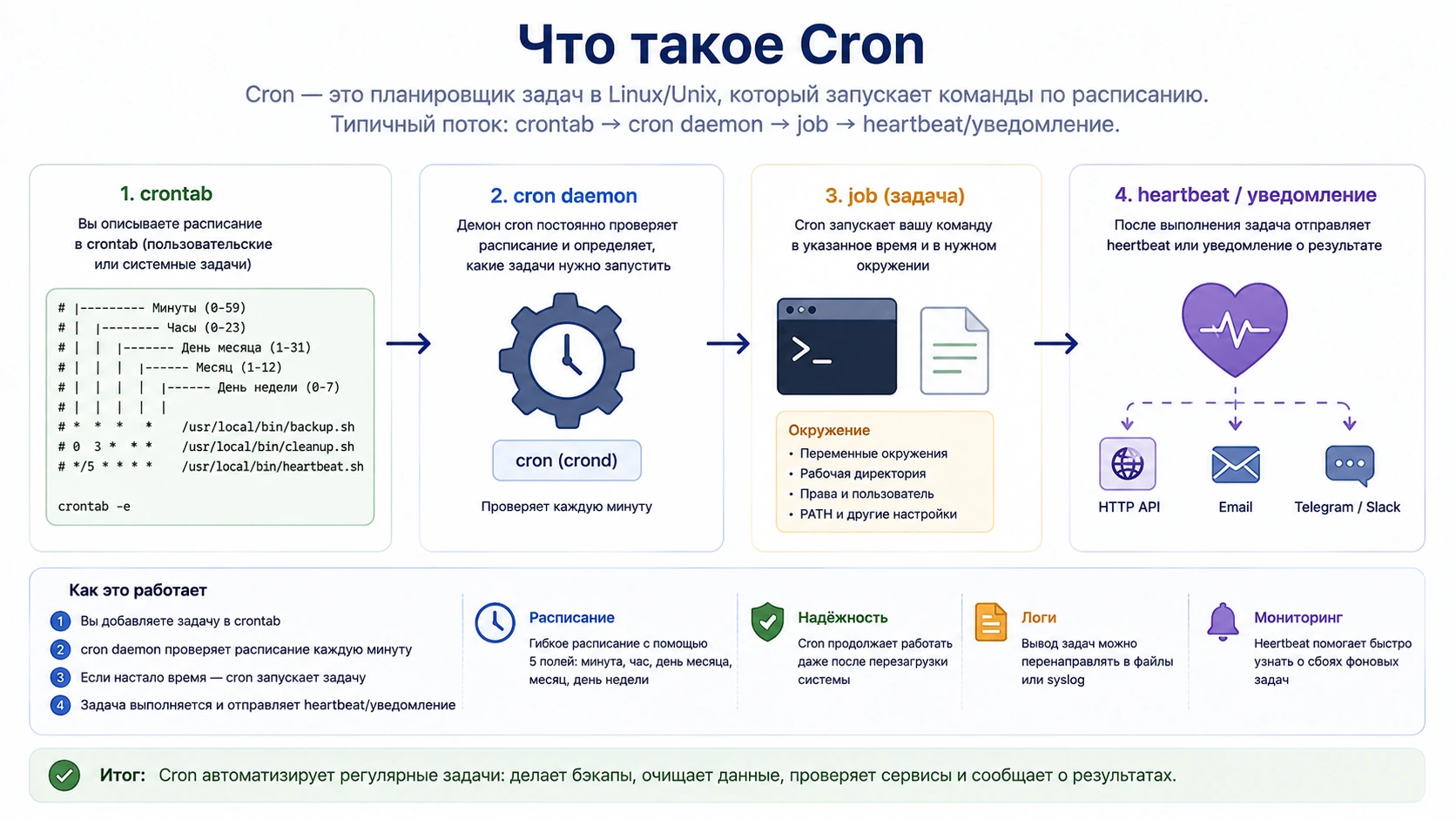 Схема работы Cron: расписание crontab, запуск фоновой задачи и heartbeat после успешного выполнения
