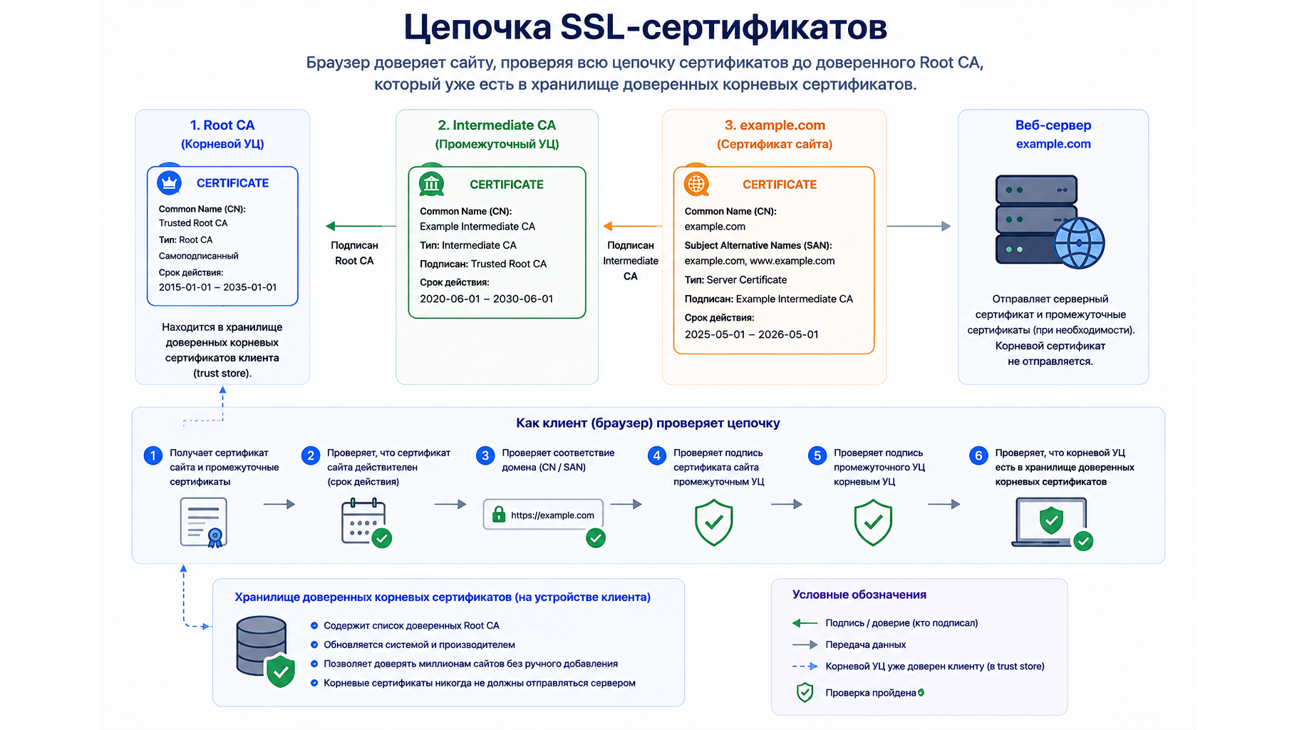 Схема цепочки SSL-сертификатов от доверенного Root CA через Intermediate CA к сертификату сайта