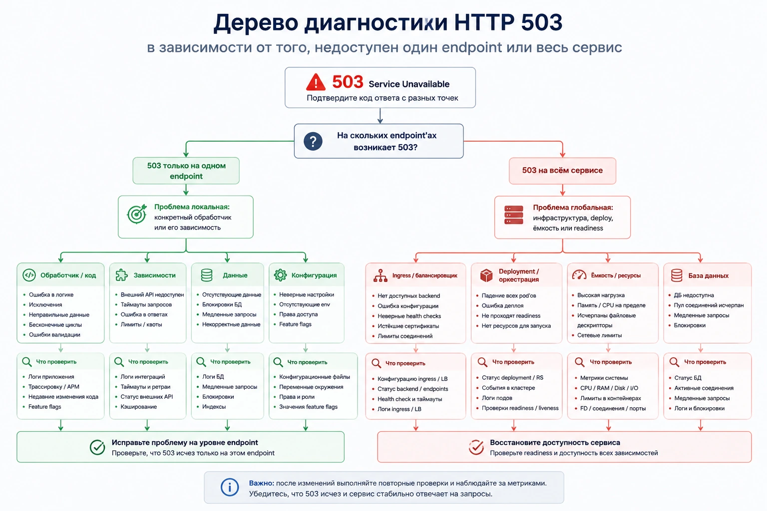 Дерево диагностики HTTP 503 в зависимости от того, недоступен один endpoint или весь сервис
