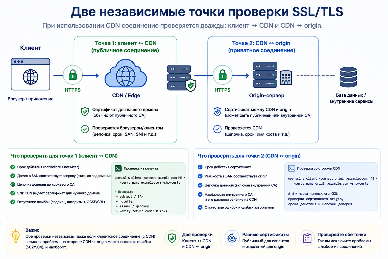 Два независимых TLS-соединения между клиентом, CDN и origin-сервером