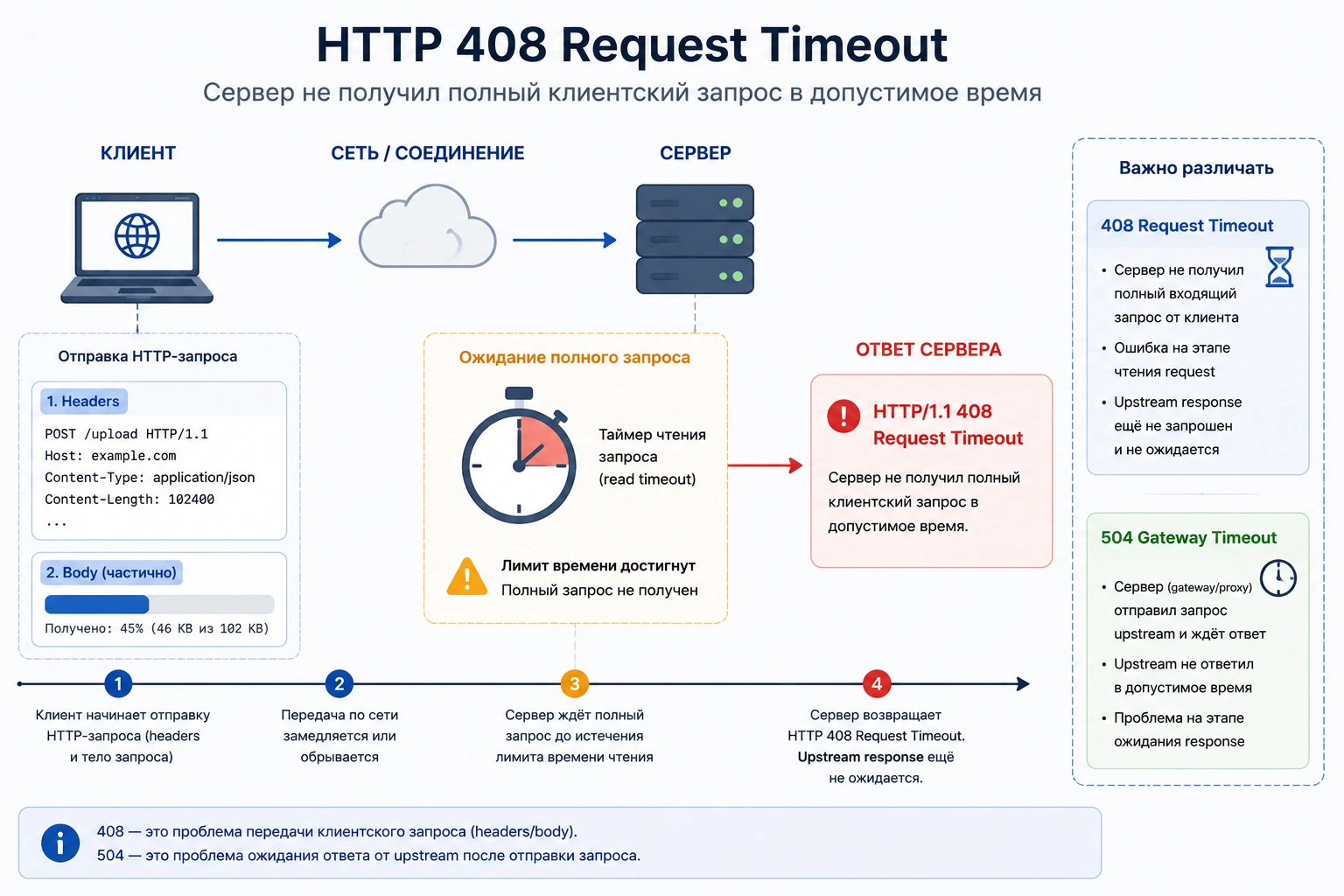 Схема HTTP 408 Request Timeout: сервер не получил полный клиентский запрос в допустимое время