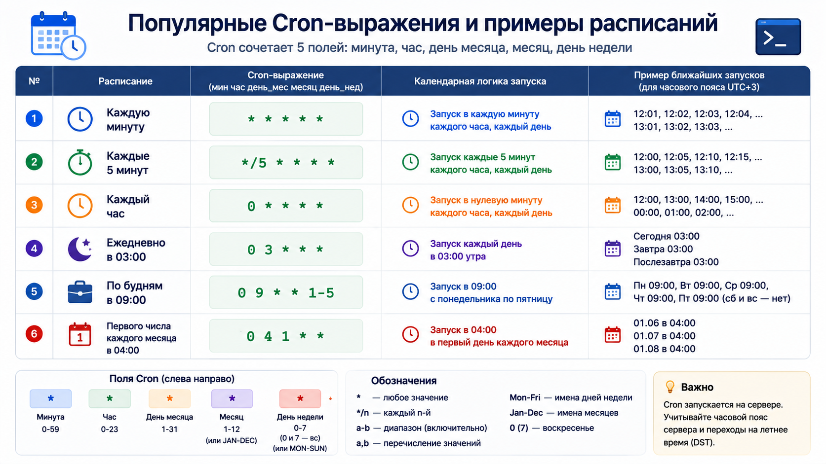 Схема популярных Cron-выражений с примерами расписаний и календарной логикой запуска